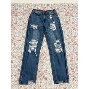 Crystal Rock Distressed Straight Leg Jeans Medium Wash High Rise Size 5